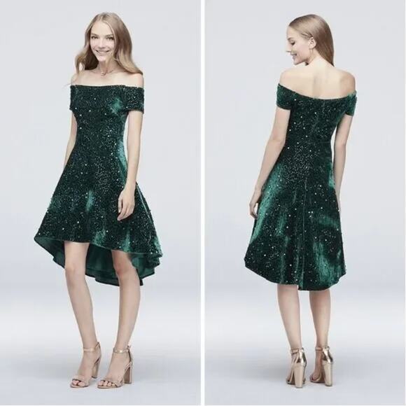 New! Morgan & Co Green Sequined Hi-Lo Velvet Fit + Flare Dress , 20w
